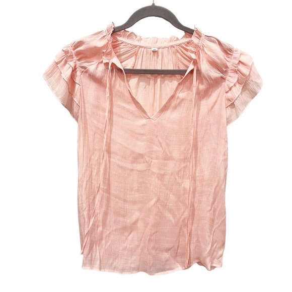 Unbranded Tops - Pink Ruffle Flutter Sleeve V-Neck Tie Blouse‎ Textured Pleated Top Small